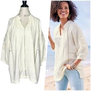 Soft Surroundings | Women | Magnolia Cotton Gauze Lace V-Neck Tunic Top | 2X